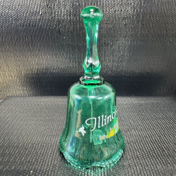 Vintage Illinois State Green Glass Bell Applied Flowers Glassware Figurine Decor - Picture 4 of 9